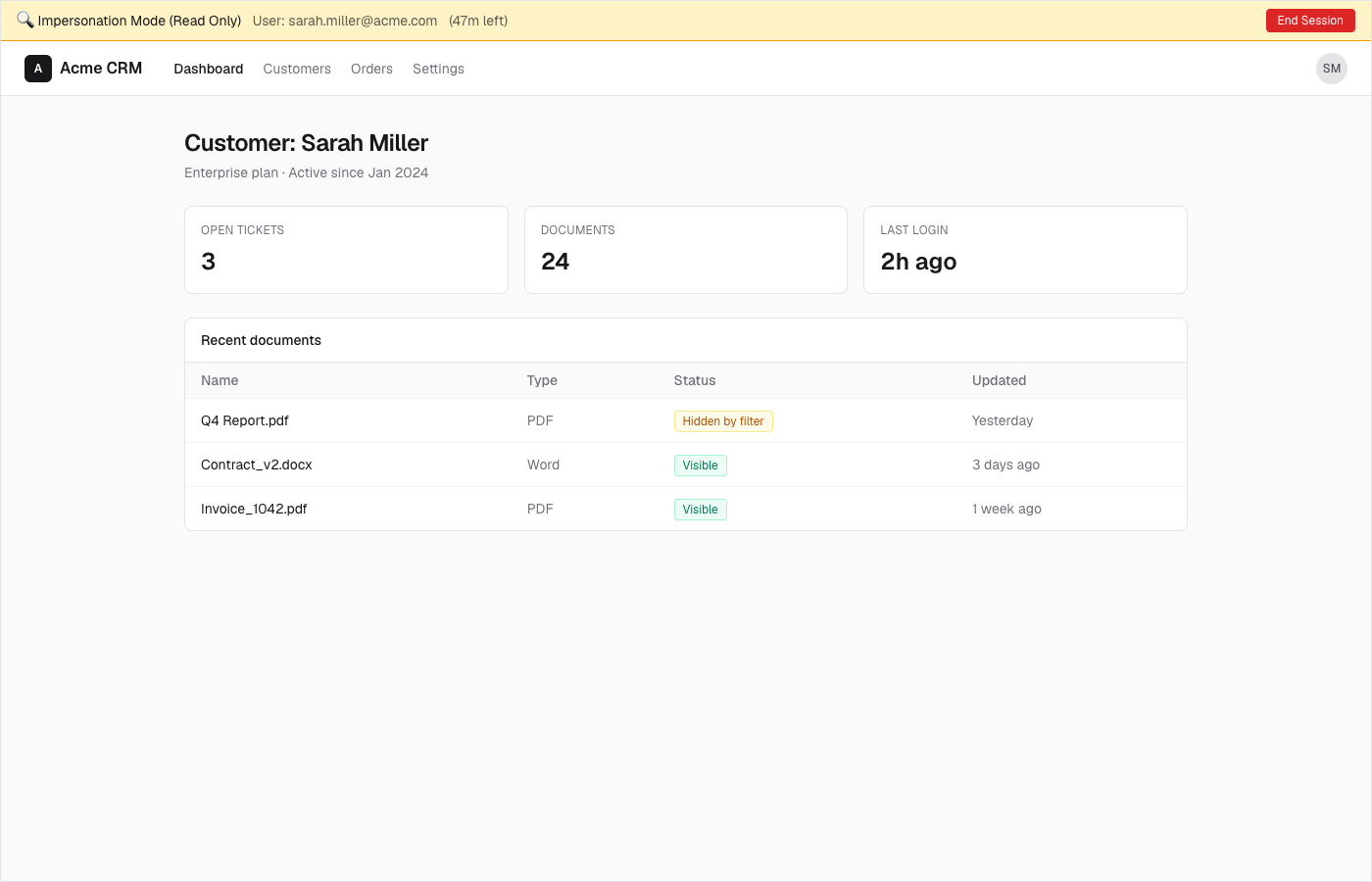 Customer application with Devora impersonation banner in read-only mode